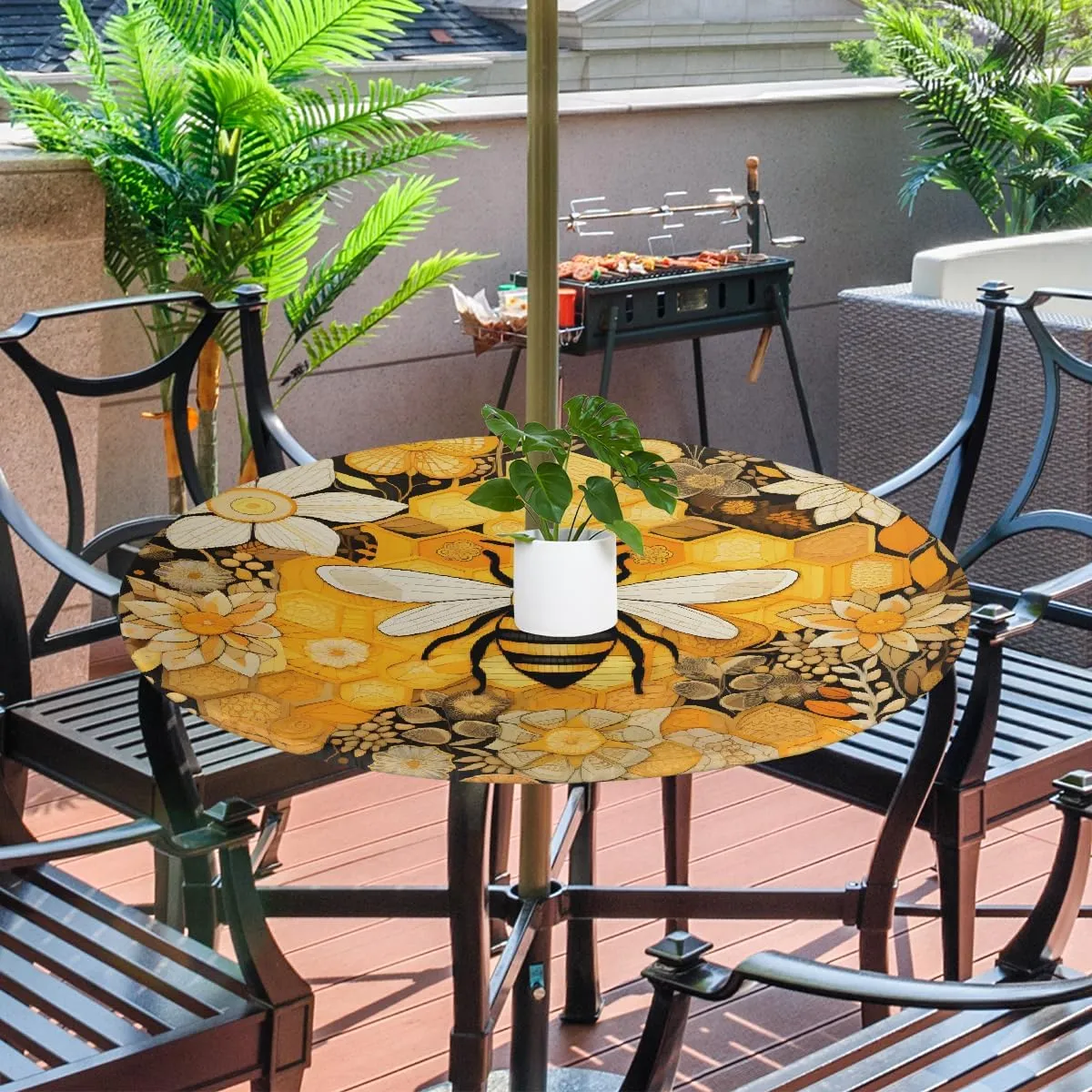 Round Fitted Tablecloth with Umbrella Hole Bee Flower Outdoor Fitted Tablecloth with Zipper Round Elastic Table Cover Waterproof 45"- 56" Outdoor Patio Table Cloth for Picnic Beach
