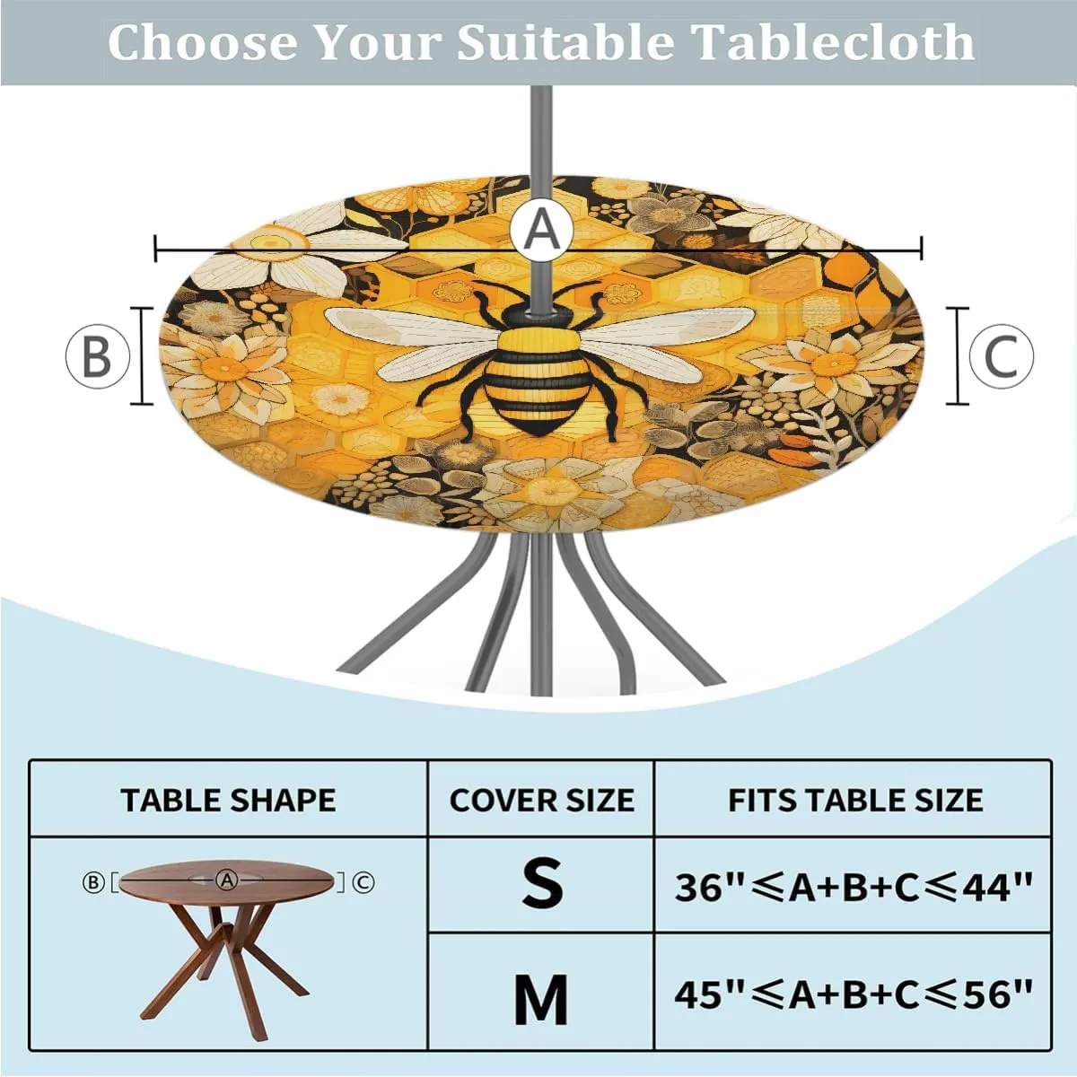 Round Fitted Tablecloth with Umbrella Hole Bee Flower Outdoor Fitted Tablecloth with Zipper Round Elastic Table Cover Waterproof 45"- 56" Outdoor Patio Table Cloth for Picnic Beach