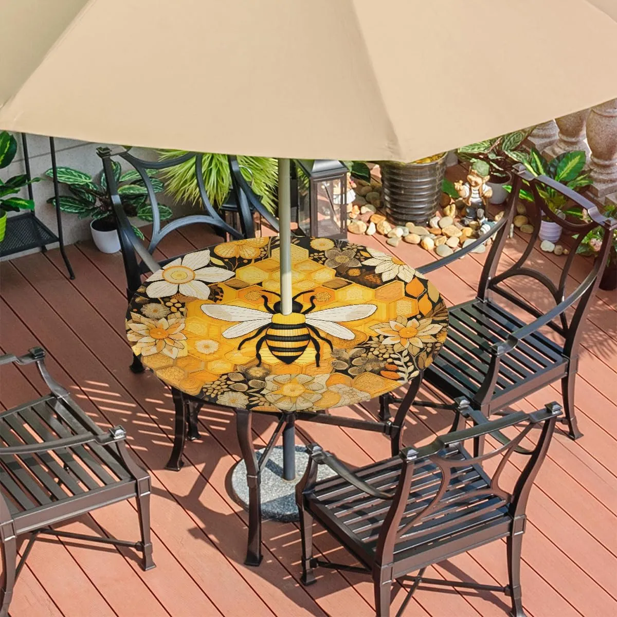 Round Fitted Tablecloth with Umbrella Hole Bee Flower Outdoor Fitted Tablecloth with Zipper Round Elastic Table Cover Waterproof 45"- 56" Outdoor Patio Table Cloth for Picnic Beach