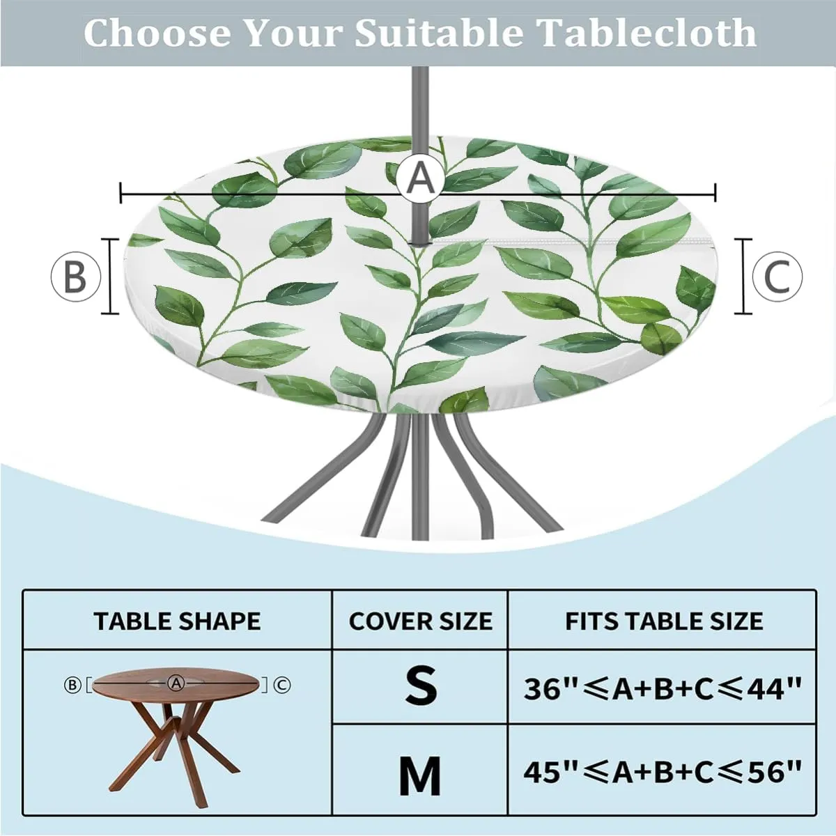 Round Fitted Tablecloth with Umbrella Hole Green Leaves Outdoor Fitted Tablecloth with Zipper Round Elastic Table Cover Waterproof 45"- 56" Outdoor Patio Table Cloth for Picnic Beach