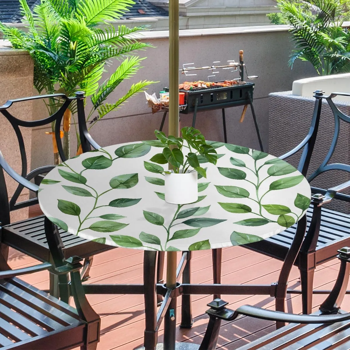 Round Fitted Tablecloth with Umbrella Hole Green Leaves Outdoor Fitted Tablecloth with Zipper Round Elastic Table Cover Waterproof 45"- 56" Outdoor Patio Table Cloth for Picnic Beach