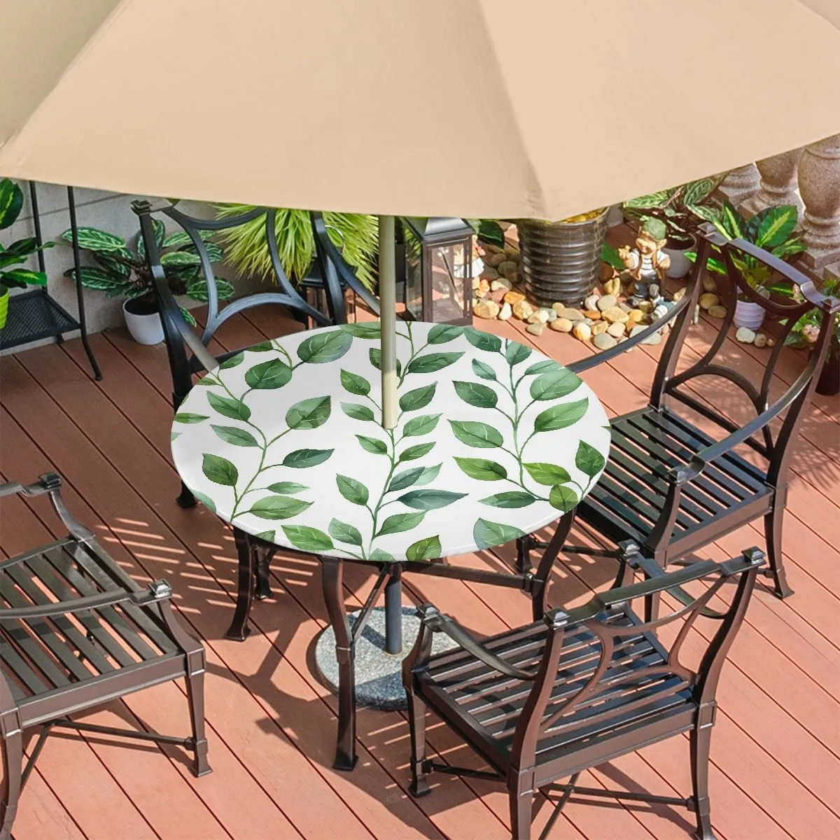 Round Fitted Tablecloth with Umbrella Hole Green Leaves Outdoor Fitted Tablecloth with Zipper Round Elastic Table Cover Waterproof 45"- 56" Outdoor Patio Table Cloth for Picnic Beach