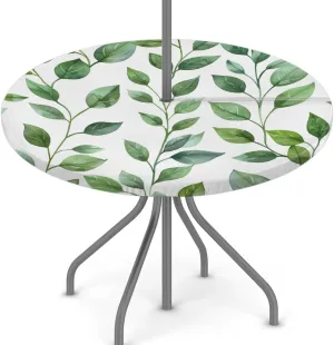 Round Fitted Tablecloth with Umbrella Hole Green Leaves Outdoor Fitted Tablecloth with Zipper Round Elastic Table Cover Waterproof 45"- 56" Outdoor Patio Table Cloth for Picnic Beach