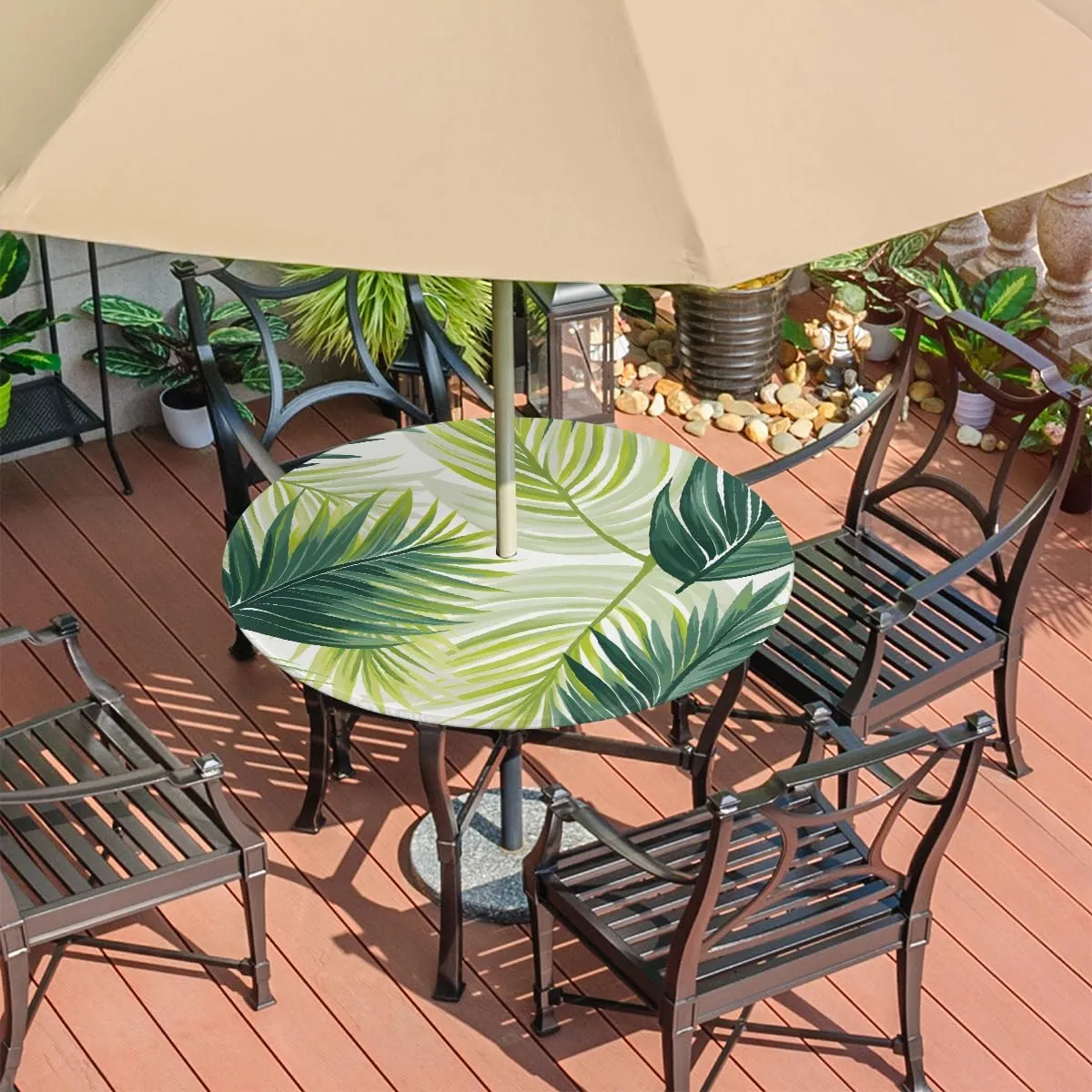 Round Fitted Tablecloth with Umbrella Hole Poppy Green Leaf Outdoor Fitted Tablecloth with Zipper Round Elastic Table Cover Waterproof 45"- 56" Outdoor Patio Table Cloth for Picnic Beach