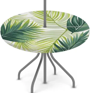 Round Fitted Tablecloth with Umbrella Hole Poppy Green Leaf Outdoor Fitted Tablecloth with Zipper Round Elastic Table Cover Waterproof 45"- 56" Outdoor Patio Table Cloth for Picnic Beach
