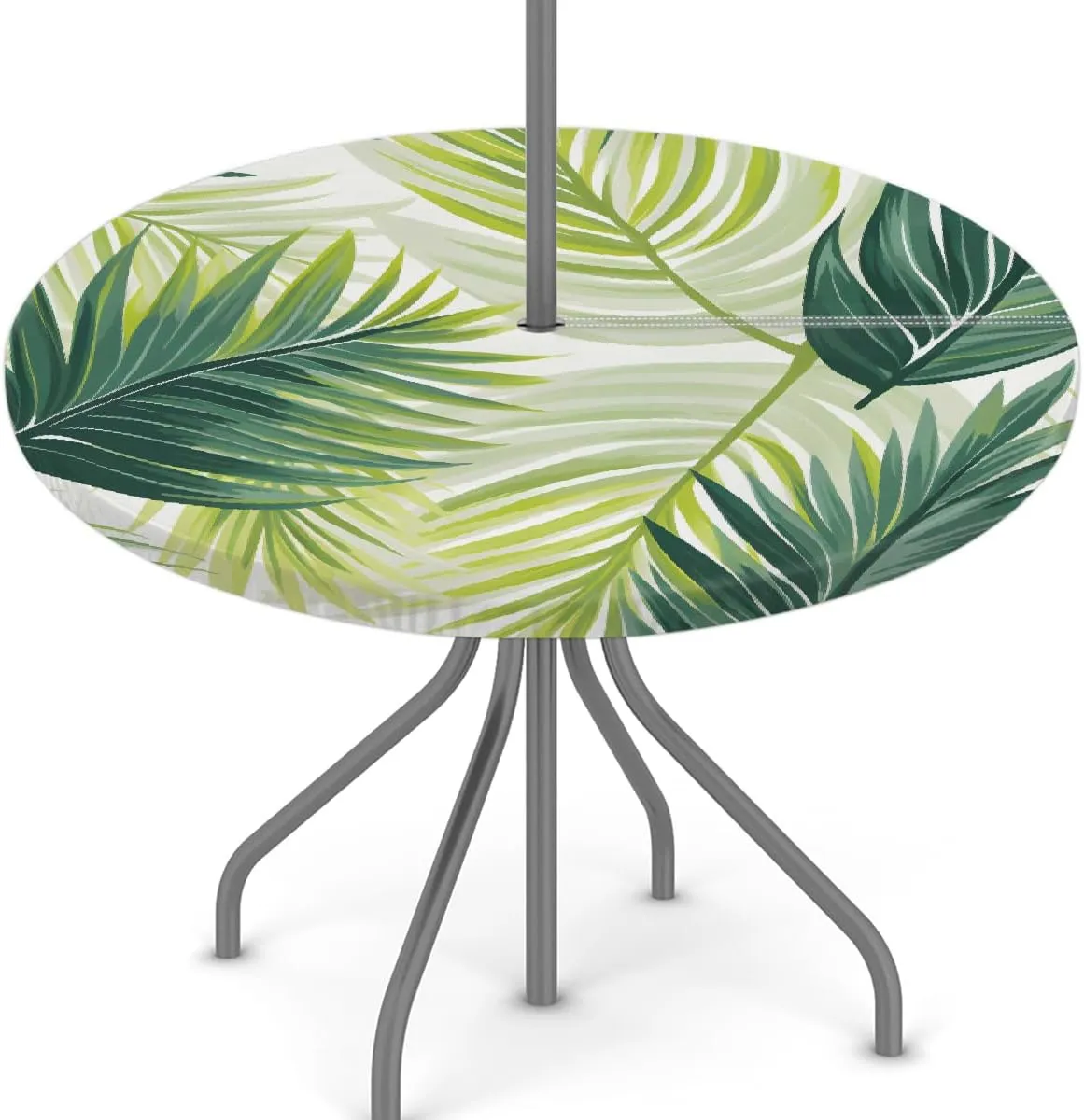 Round Fitted Tablecloth with Umbrella Hole Poppy Green Leaf Outdoor Fitted Tablecloth with Zipper Round Elastic Table Cover Waterproof 45"- 56" Outdoor Patio Table Cloth for Picnic Beach