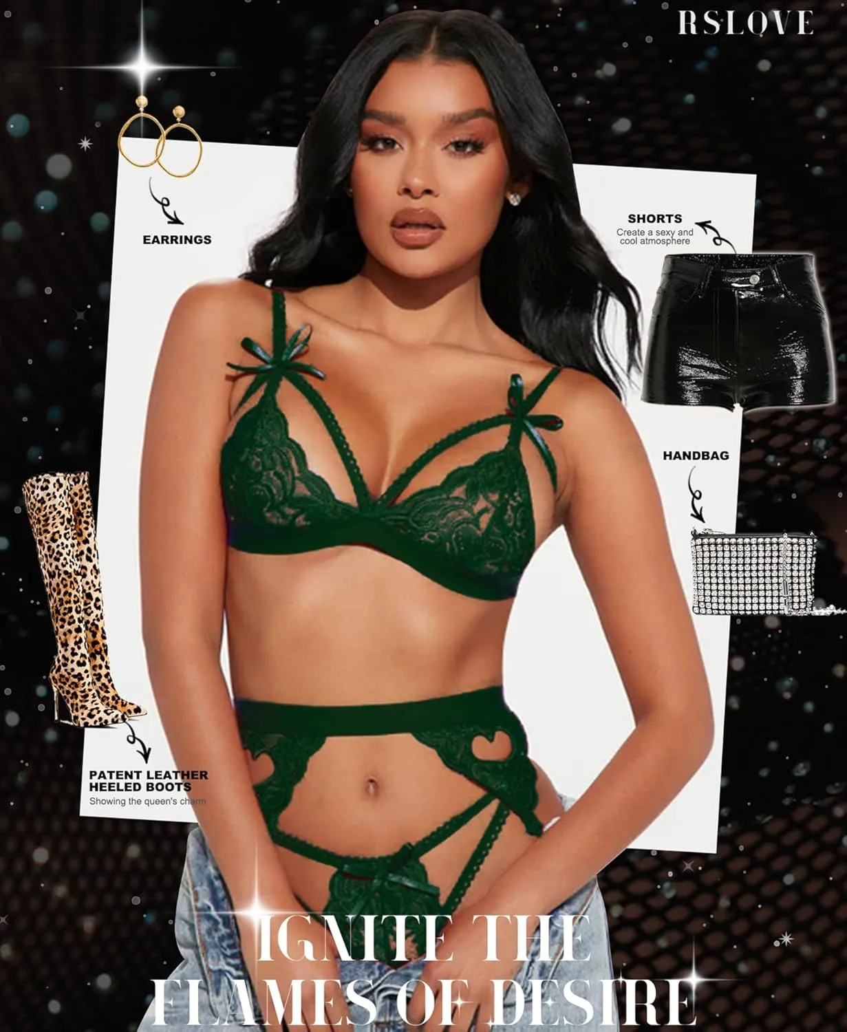 RSLOVE Women Lingerie Sets with Garter Belt 3 Piece Lace Teddy Babydoll Bodysuit