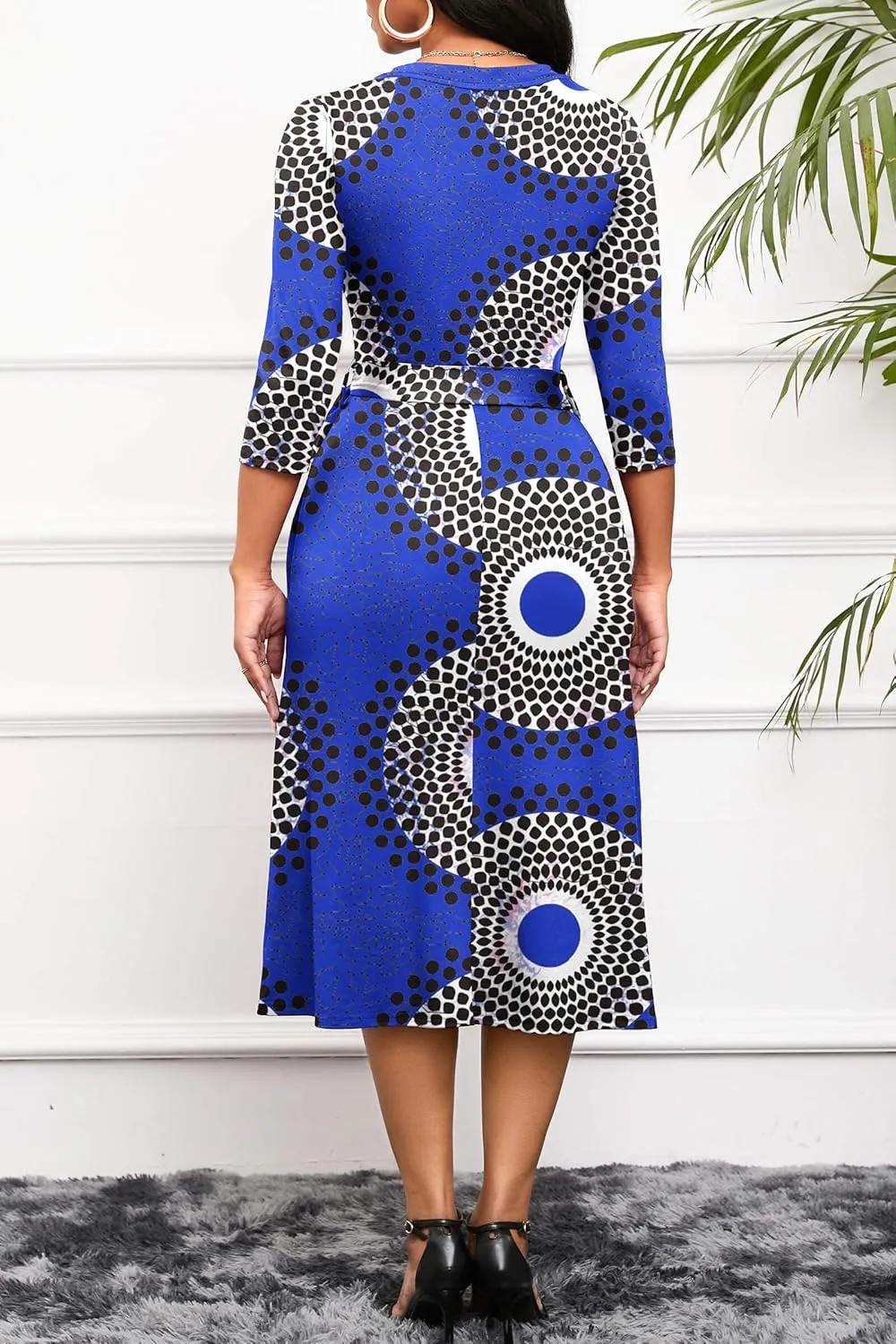 Runwind Women's Midi Dress,3/4 Sleeves V Neck Cocktail Party Dress Curvy Wrap Sexy Geometric Pattern Dresses with Belt