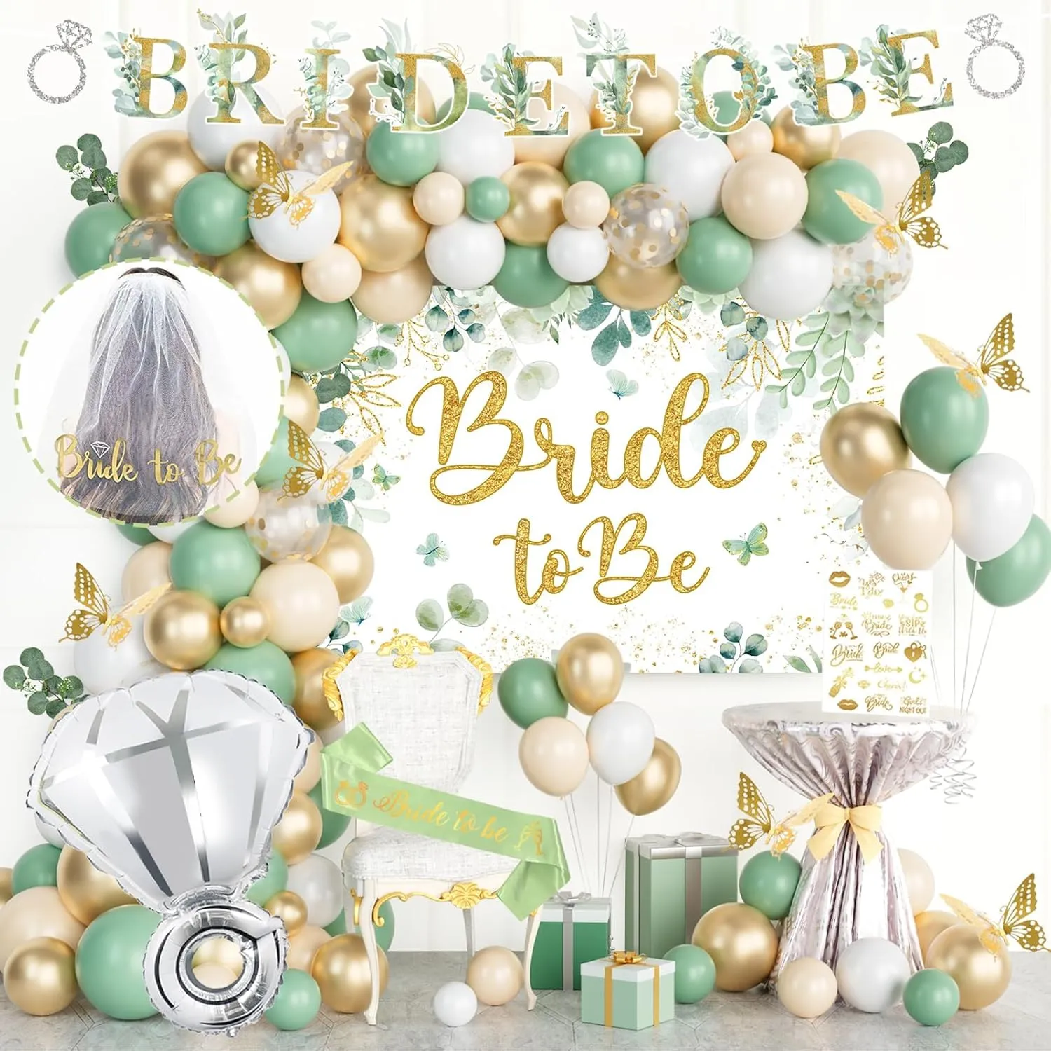 Sage Green Bridal Shower Decorations, Green Bachelorette Party Decorations, Bride To Be Backdrop Balloon Banner White Veil Sash Butterfly Cutouts Sticker for Engagement Wedding Party Supplies