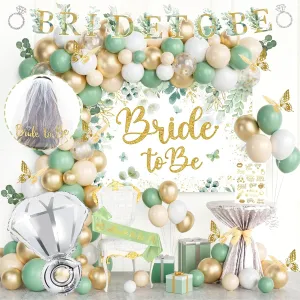 Sage Green Bridal Shower Decorations, Green Bachelorette Party Decorations, Bride To Be Backdrop Balloon Banner White Veil Sash Butterfly Cutouts Sticker for Engagement Wedding Party Supplies