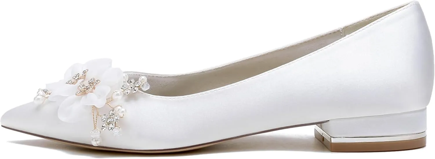 Satin Beaded Wedding Flats for Bride Pointed Toe Slip on Women Flat Shoes for Prom/Evening/Bridal/Engagement 2.5Cm