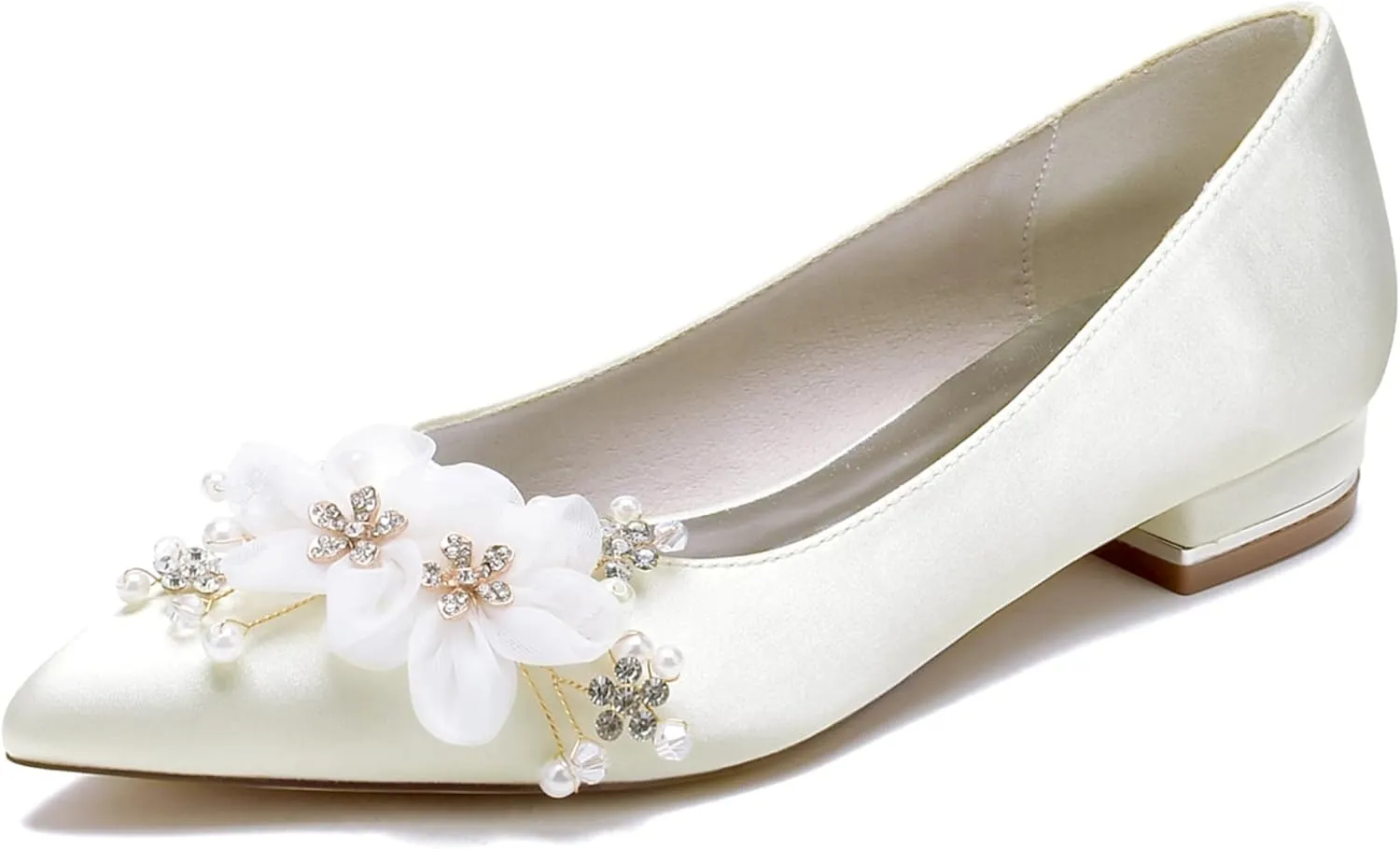 Satin Beaded Wedding Flats for Bride Pointed Toe Slip on Women Flat Shoes for Prom/Evening/Bridal/Engagement 2.5Cm