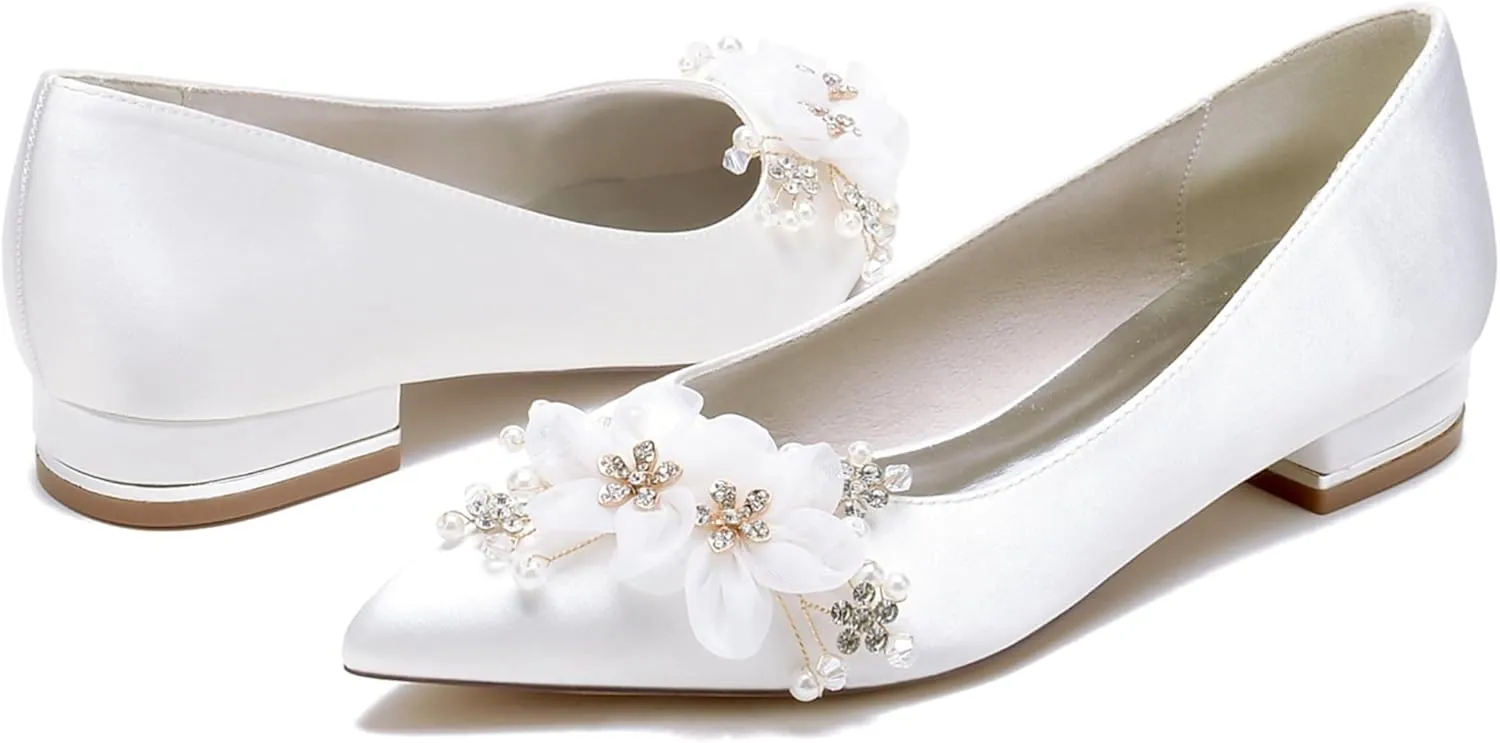 Satin Beaded Wedding Flats for Bride Pointed Toe Slip on Women Flat Shoes for Prom/Evening/Bridal/Engagement 2.5Cm