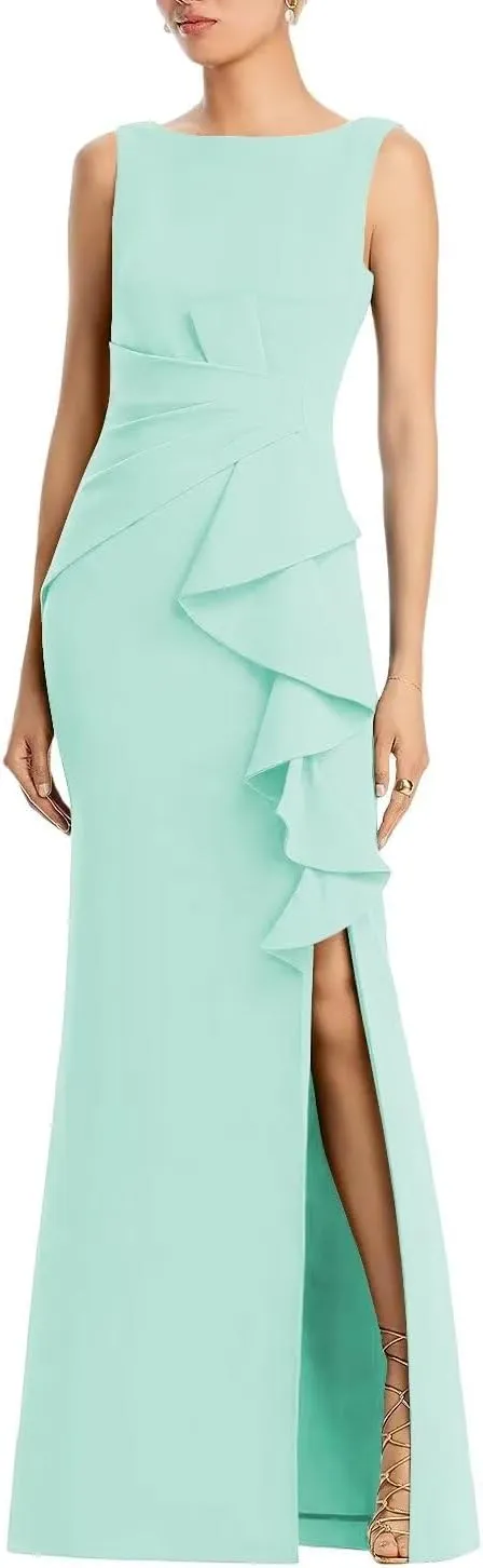 Satin Mermaid Mother of The Bride Dresses Sleeveless Ruched Long Slit Formal Dresses Bodycon Cocktail Gowns XOD0366