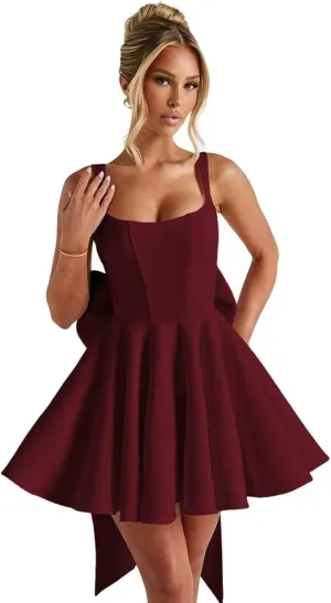 Satin Prom Dresses 2025 with Bow A Line Spaghetti Straps Formal Cocktail Party Dresses