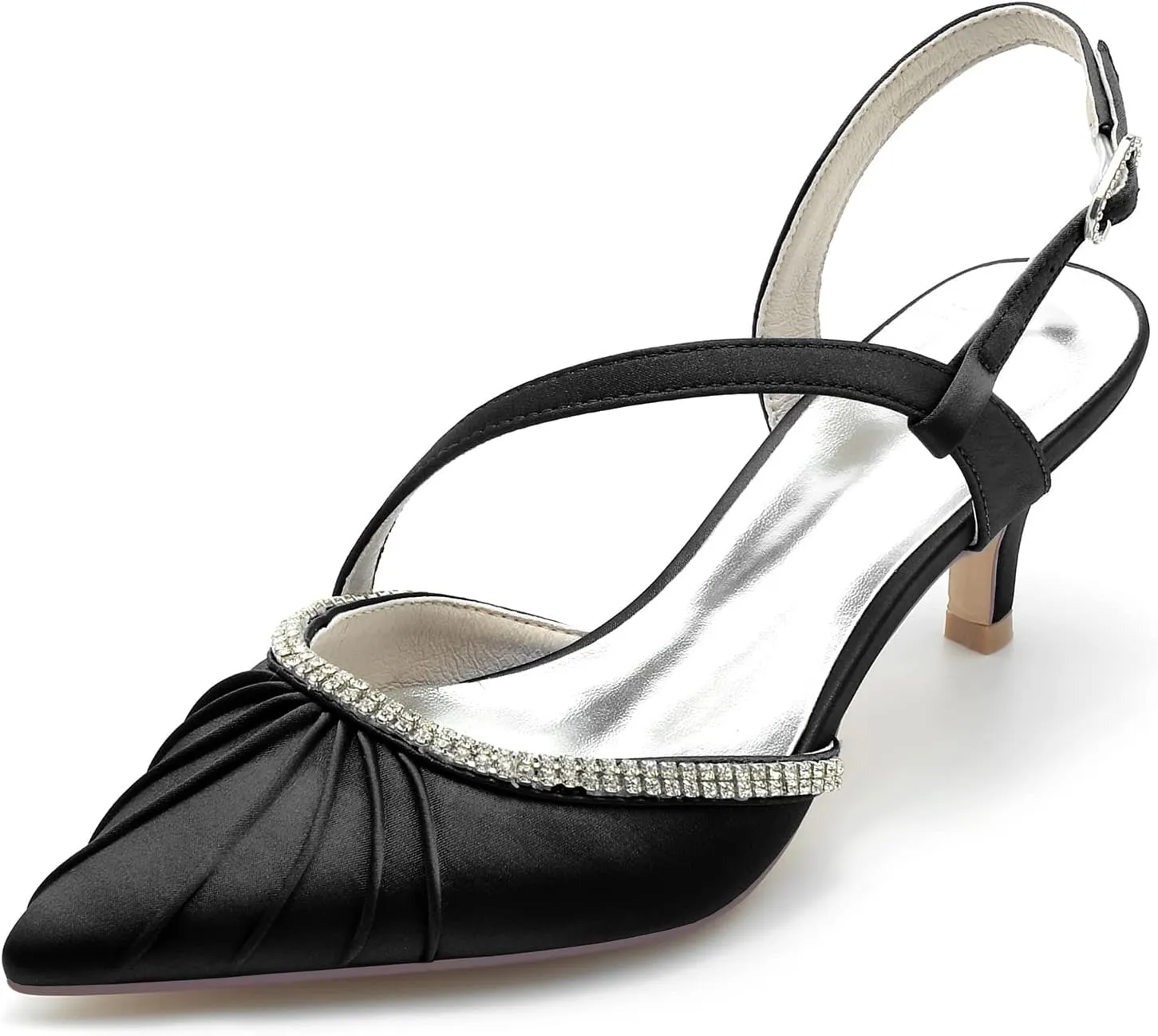 Satin Wedding Shoes Beaded Kitten Heel Wedding Bridal Shoes Women Slingbacks Pointed Toe Mid Heels Pumps Sandals for/Cocktail/Prom/Evening