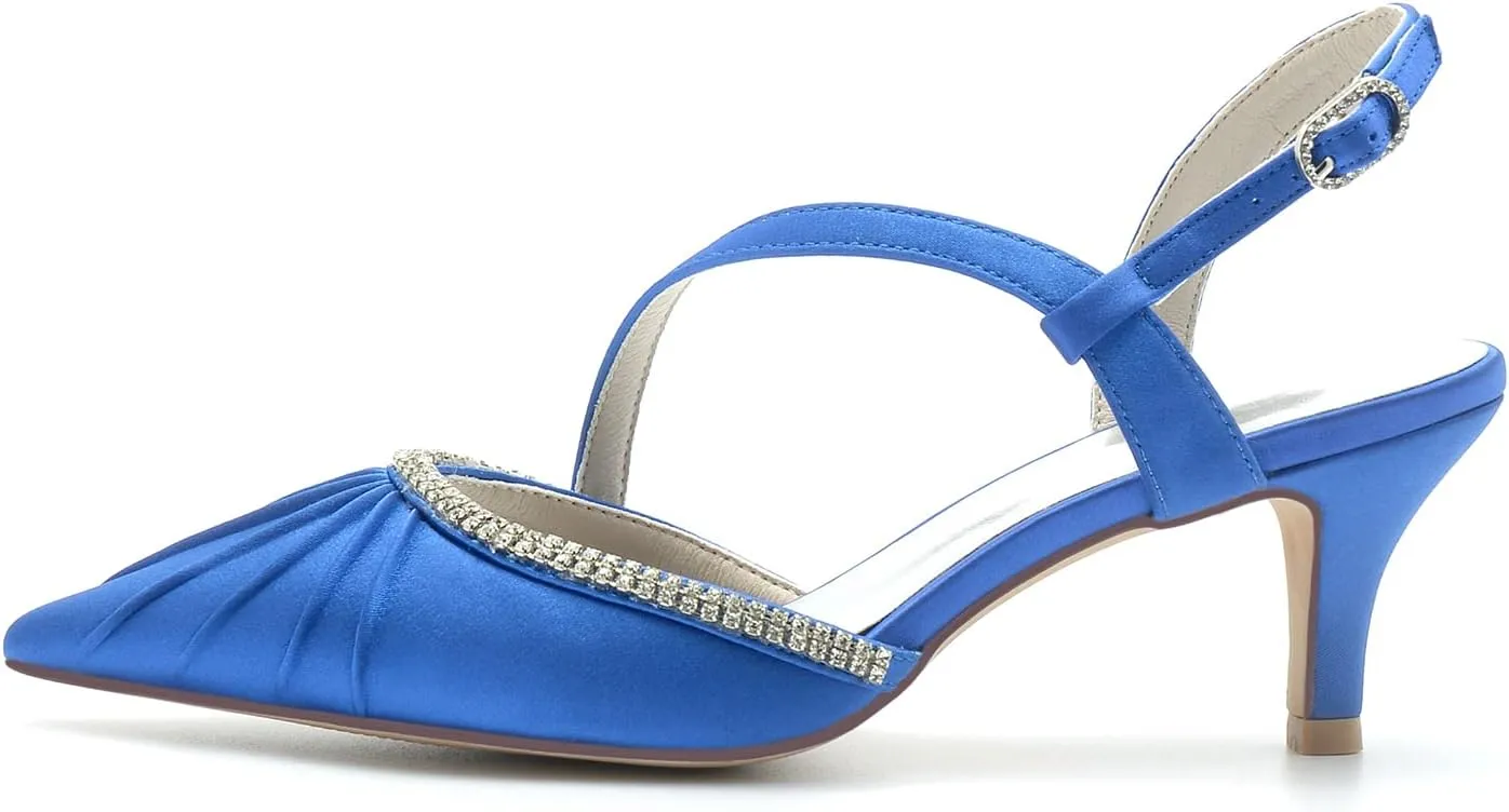 Satin Wedding Shoes Beaded Kitten Heel Wedding Bridal Shoes Women Slingbacks Pointed Toe Mid Heels Pumps Sandals for/Cocktail/Prom/Evening