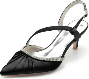 Satin Wedding Shoes Beaded Kitten Heel Wedding Bridal Shoes Women Slingbacks Pointed Toe Mid Heels Pumps Sandals for/Cocktail/Prom/Evening