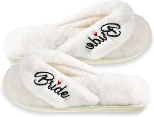 SATINIOR Bride Slippers for Wedding Day Wedding Slippers White Bride Fuzzy Slippers Bridal Party Slippers Bridal Slippers for Bride Women Wedding Bridal Shower (7-8), 7-10