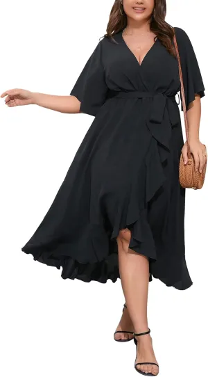 SCOMCHIC Women Plus Size Maxi Dress Short Sleeve Wrap V Neck High Low Split Ruffle Long Dress