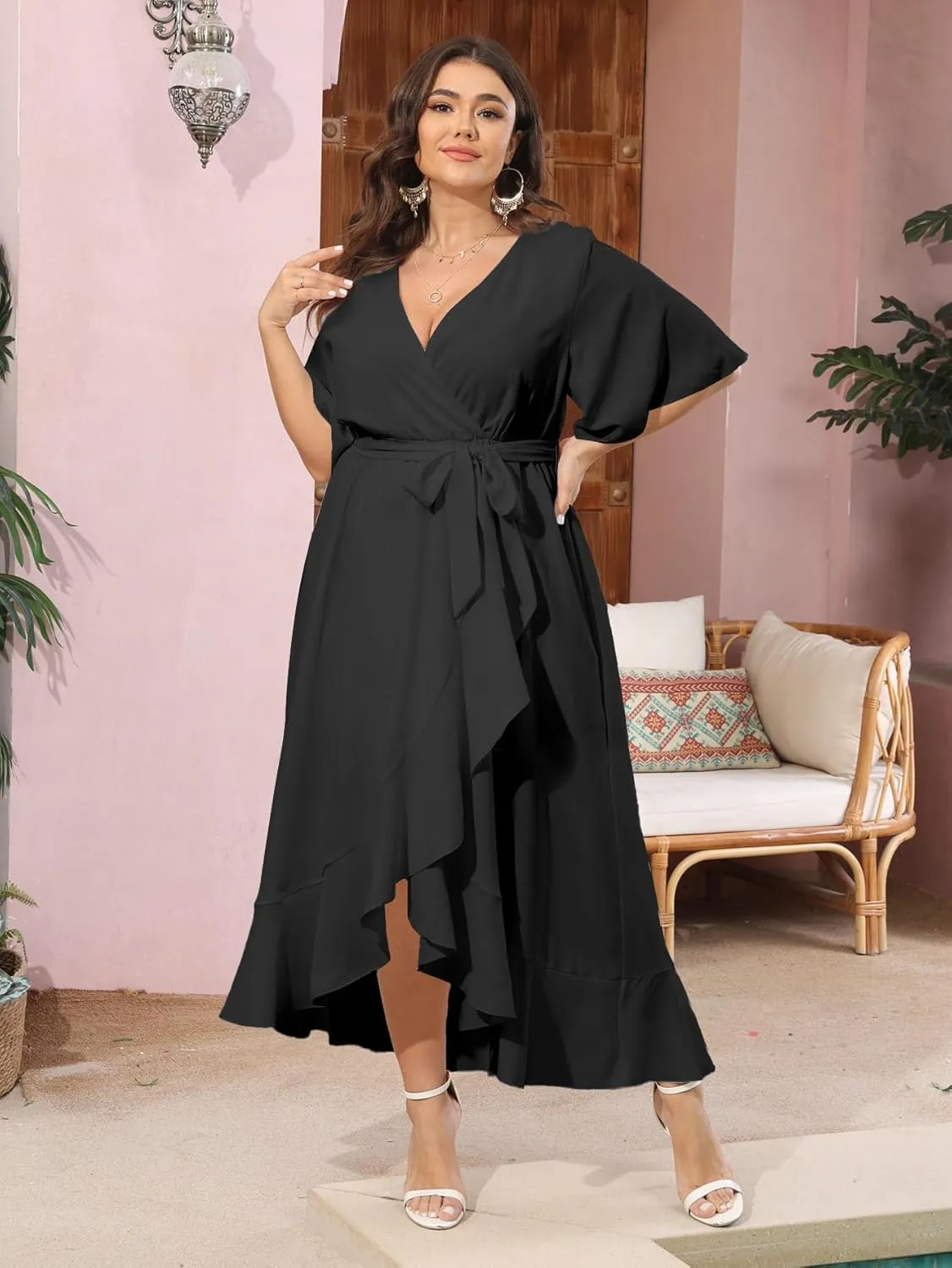 SCOMCHIC Women Plus Size Maxi Dress Short Sleeve Wrap V Neck High Low Split Ruffle Long Dress