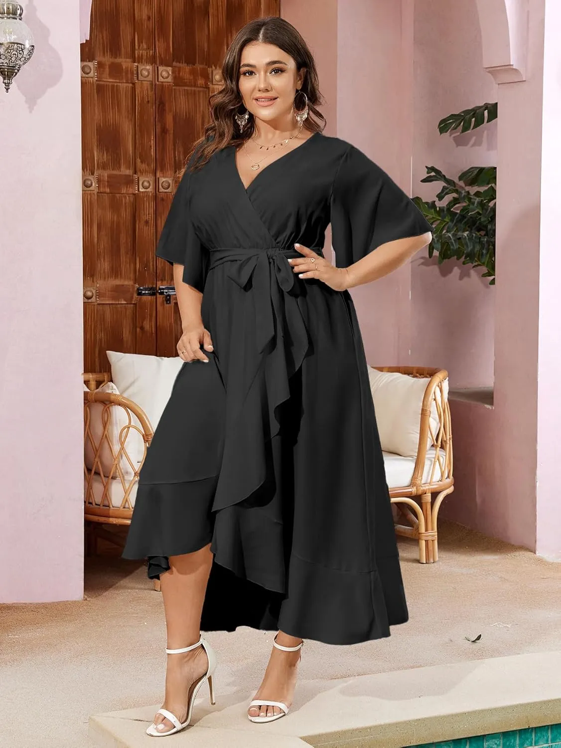 SCOMCHIC Women Plus Size Maxi Dress Short Sleeve Wrap V Neck High Low Split Ruffle Long Dress