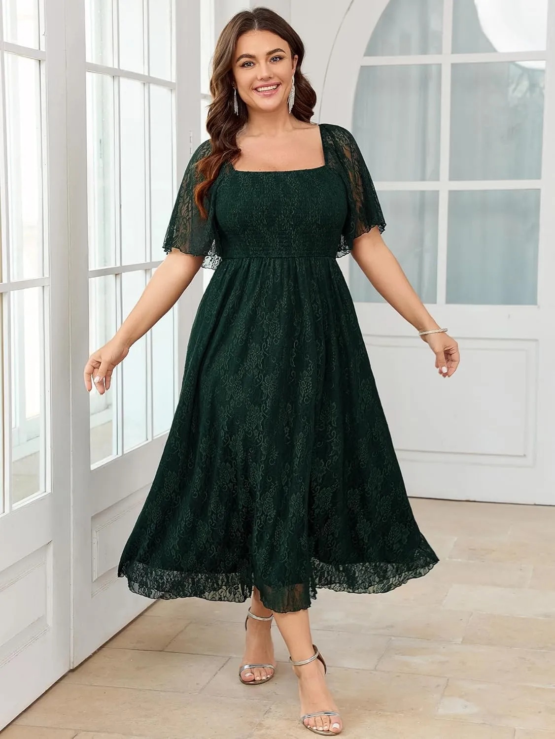 SCOMCHIC Women's Plus Size Wedding Guest Dress Formal Lace Square Neck Short Sleeve Smocked Flowy Cocktail Maxi Dresses