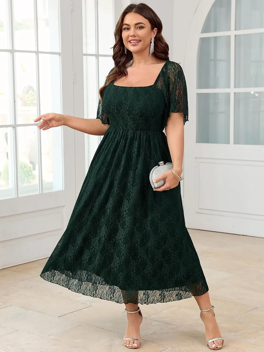 SCOMCHIC Women's Plus Size Wedding Guest Dress Formal Lace Square Neck Short Sleeve Smocked Flowy Cocktail Maxi Dresses