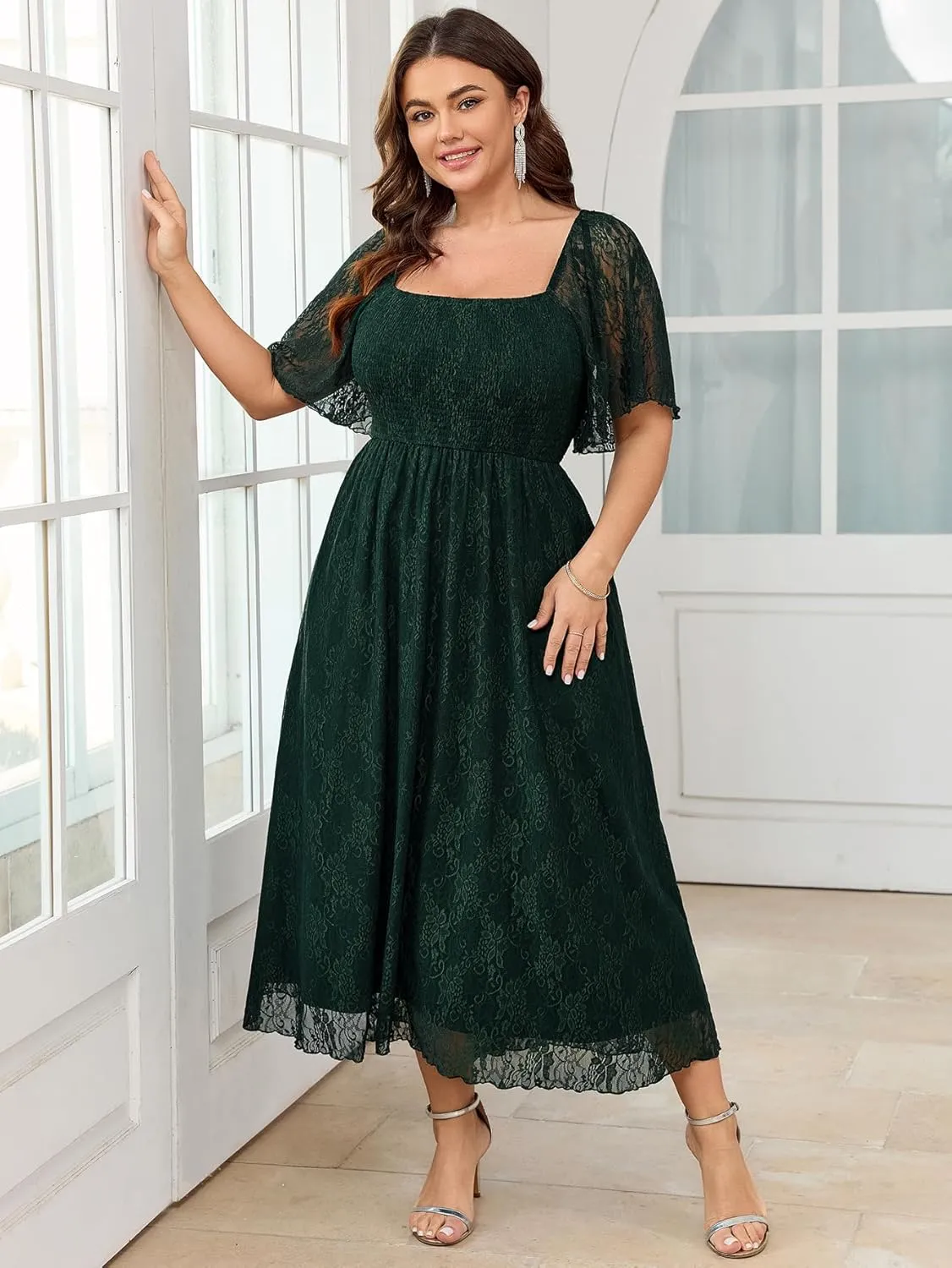 SCOMCHIC Women's Plus Size Wedding Guest Dress Formal Lace Square Neck Short Sleeve Smocked Flowy Cocktail Maxi Dresses