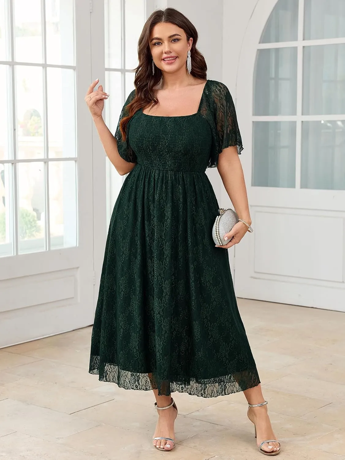 SCOMCHIC Women's Plus Size Wedding Guest Dress Formal Lace Square Neck Short Sleeve Smocked Flowy Cocktail Maxi Dresses