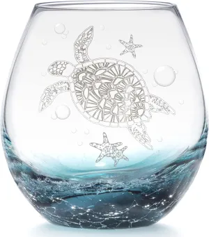 Sea Turtle Stemless Wine Glass, 19 Oz Ideal Unique Ocean Coastal Beach Gifts for Sea Turtle Lovers, Birthday Mother's Day Gifts for Party Women Man Mom Friends Co-worker (Crackle Teal)
