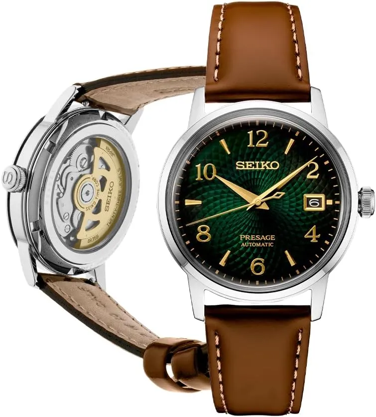 SEIKO Automatic Watch for Men - Presage Cocktail Time - Patterned with Golden Numerals and Date Calendar, 50m Water-Resistant