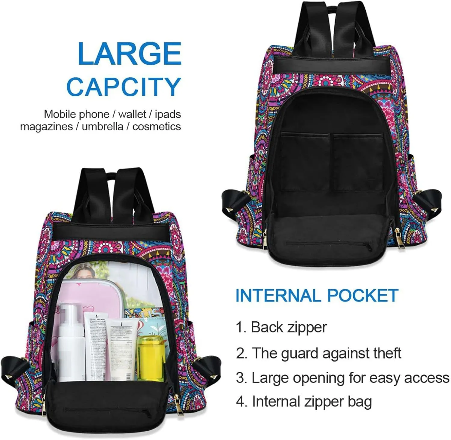 senya Women's Fashion Backpack Purses, Boho Hippie Mandala Backpack Shoulder Bag for Women