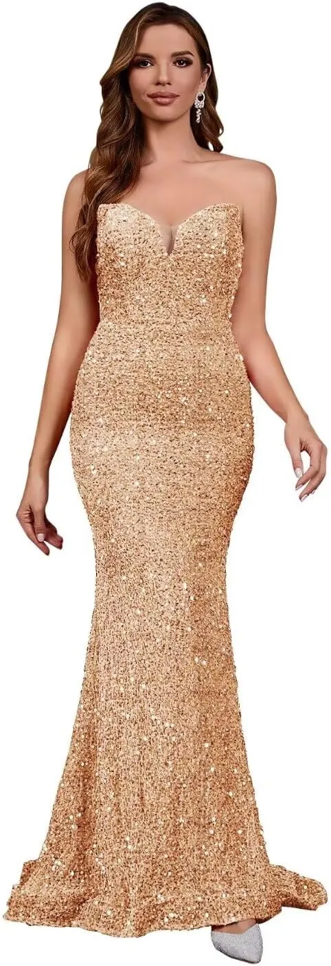 Sequin Evening Dresses for Women Formal Sexy Long Prom Party Gowns Mermaid Sparkly V-Neck Homecoming Dress