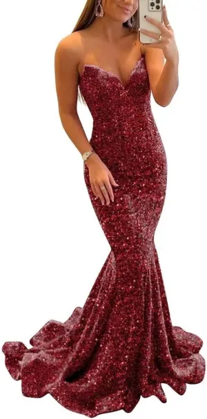 Sequin Evening Dresses for Women Formal Sexy Long Prom Party Gowns Mermaid Sparkly V-Neck Homecoming Dress