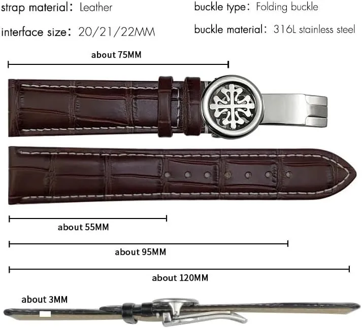SERDAS 19mm 20mm 21mm 22mm Real Leather Watch Strap，For Patek Philippe AQUANAUT PP 5167A Cowhide Watchband Butterfly Buckle