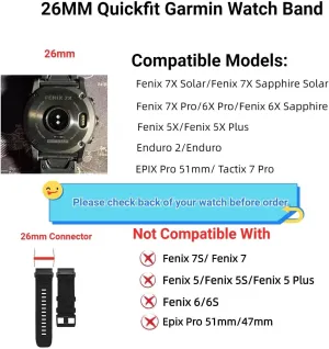 SERDAS 26mm Quickfit Watch Band Compatible with Garmin Fenix 7X/6X/5X/Enduro 2, Rugged Nylon Sport Strap，For Garmin Fenix 7X Pro Sapphire Solar/ 6X Pro/5X Plus/Tactix 7