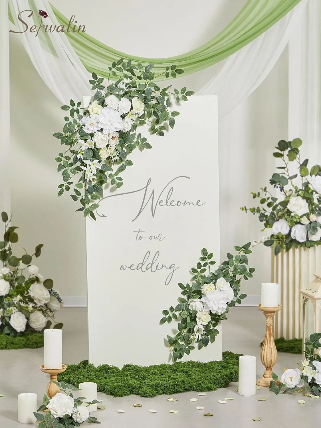 Serwalin White Artificial Wedding Arch Flowers and Drapes Kit (Pack of 3), 2 Pcs Silk Flowers Arrangement Swag with 1 Pcs Chiffon Drapes for DIY Wedding Ceremony Reception Arbor Backdrop Party Decor