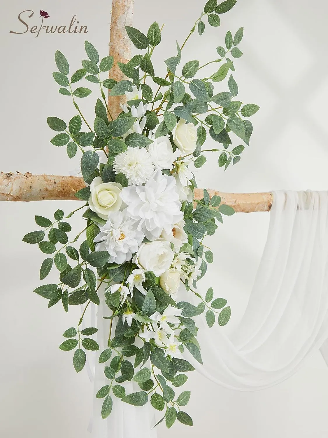 Serwalin White Artificial Wedding Arch Flowers and Drapes Kit (Pack of 3), 2 Pcs Silk Flowers Arrangement Swag with 1 Pcs Chiffon Drapes for DIY Wedding Ceremony Reception Arbor Backdrop Party Decor