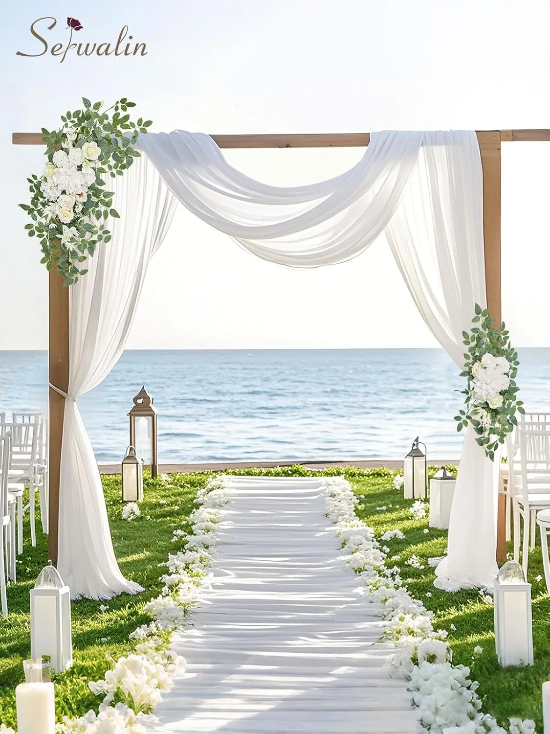 Serwalin White Artificial Wedding Arch Flowers and Drapes Kit (Pack of 3), 2 Pcs Silk Flowers Arrangement Swag with 1 Pcs Chiffon Drapes for DIY Wedding Ceremony Reception Arbor Backdrop Party Decor
