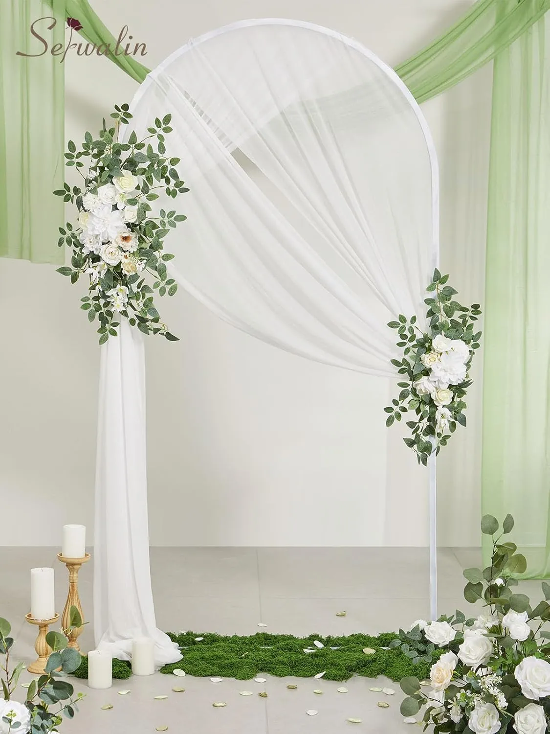 Serwalin White Artificial Wedding Arch Flowers and Drapes Kit (Pack of 3), 2 Pcs Silk Flowers Arrangement Swag with 1 Pcs Chiffon Drapes for DIY Wedding Ceremony Reception Arbor Backdrop Party Decor