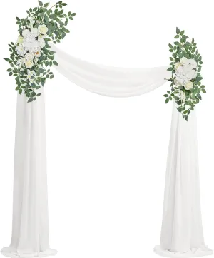 Serwalin White Artificial Wedding Arch Flowers and Drapes Kit (Pack of 3), 2 Pcs Silk Flowers Arrangement Swag with 1 Pcs Chiffon Drapes for DIY Wedding Ceremony Reception Arbor Backdrop Party Decor
