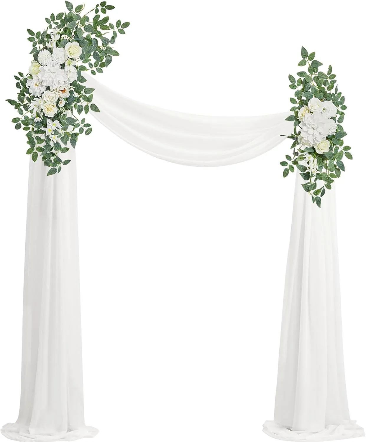 Serwalin White Artificial Wedding Arch Flowers and Drapes Kit (Pack of 3), 2 Pcs Silk Flowers Arrangement Swag with 1 Pcs Chiffon Drapes for DIY Wedding Ceremony Reception Arbor Backdrop Party Decor
