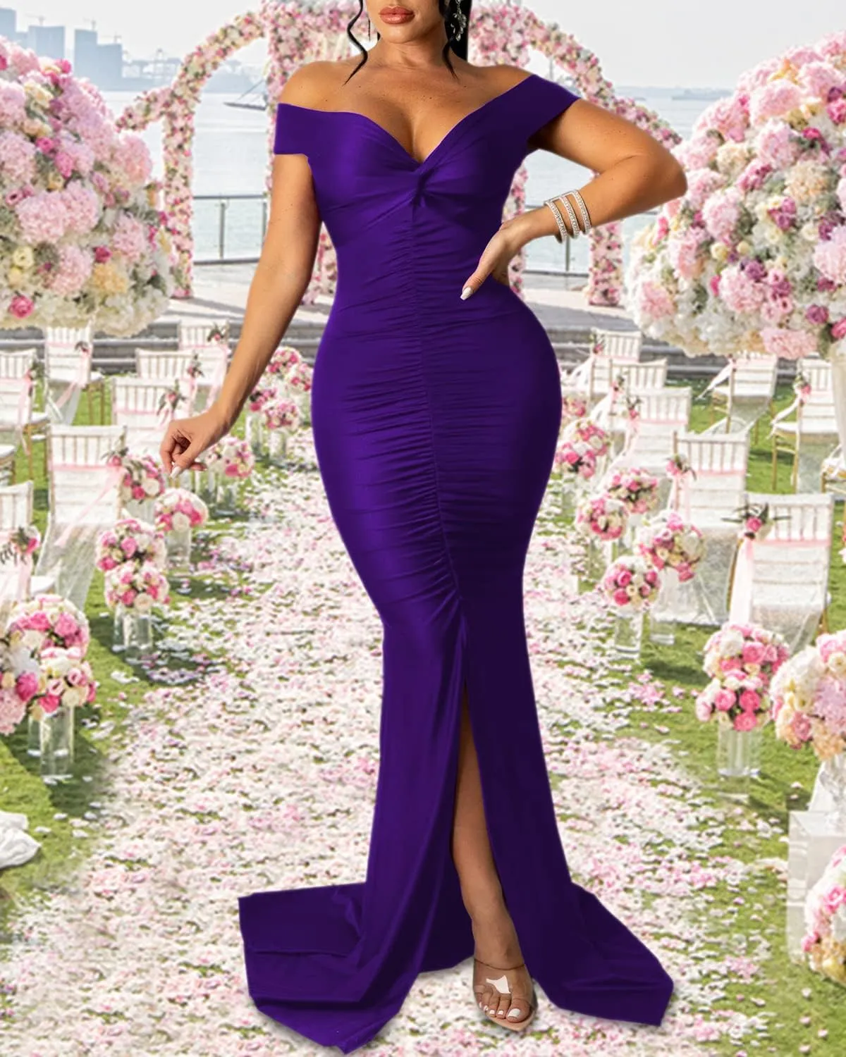 Sexy Formal Dress for Women Ruched Off Shoulder Club Cocktail Bodycon Evening Gown Maxi Long Dresses