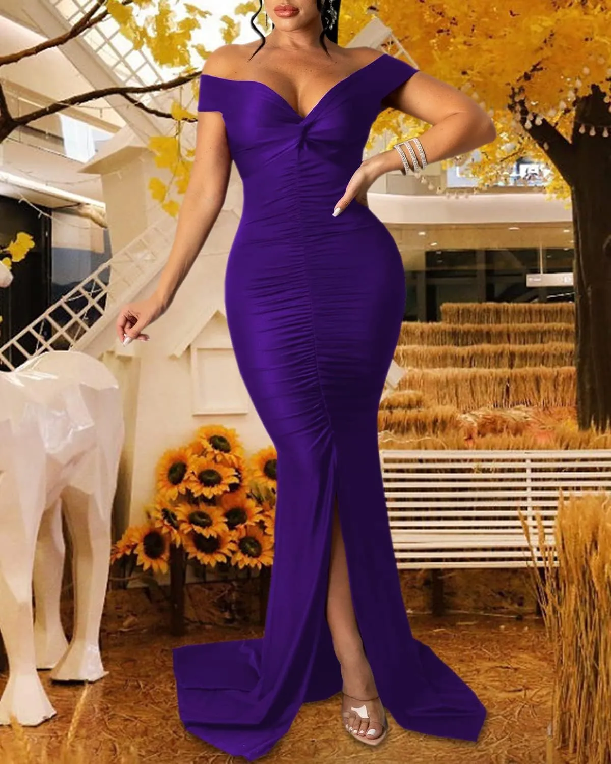 Sexy Formal Dress for Women Ruched Off Shoulder Club Cocktail Bodycon Evening Gown Maxi Long Dresses