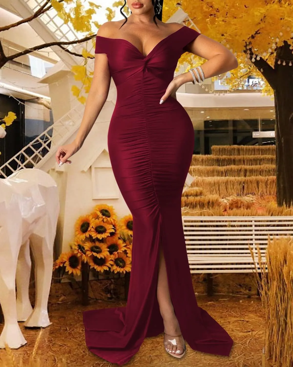 Sexy Formal Dress for Women Ruched Off Shoulder Club Cocktail Bodycon Evening Gown Maxi Long Dresses