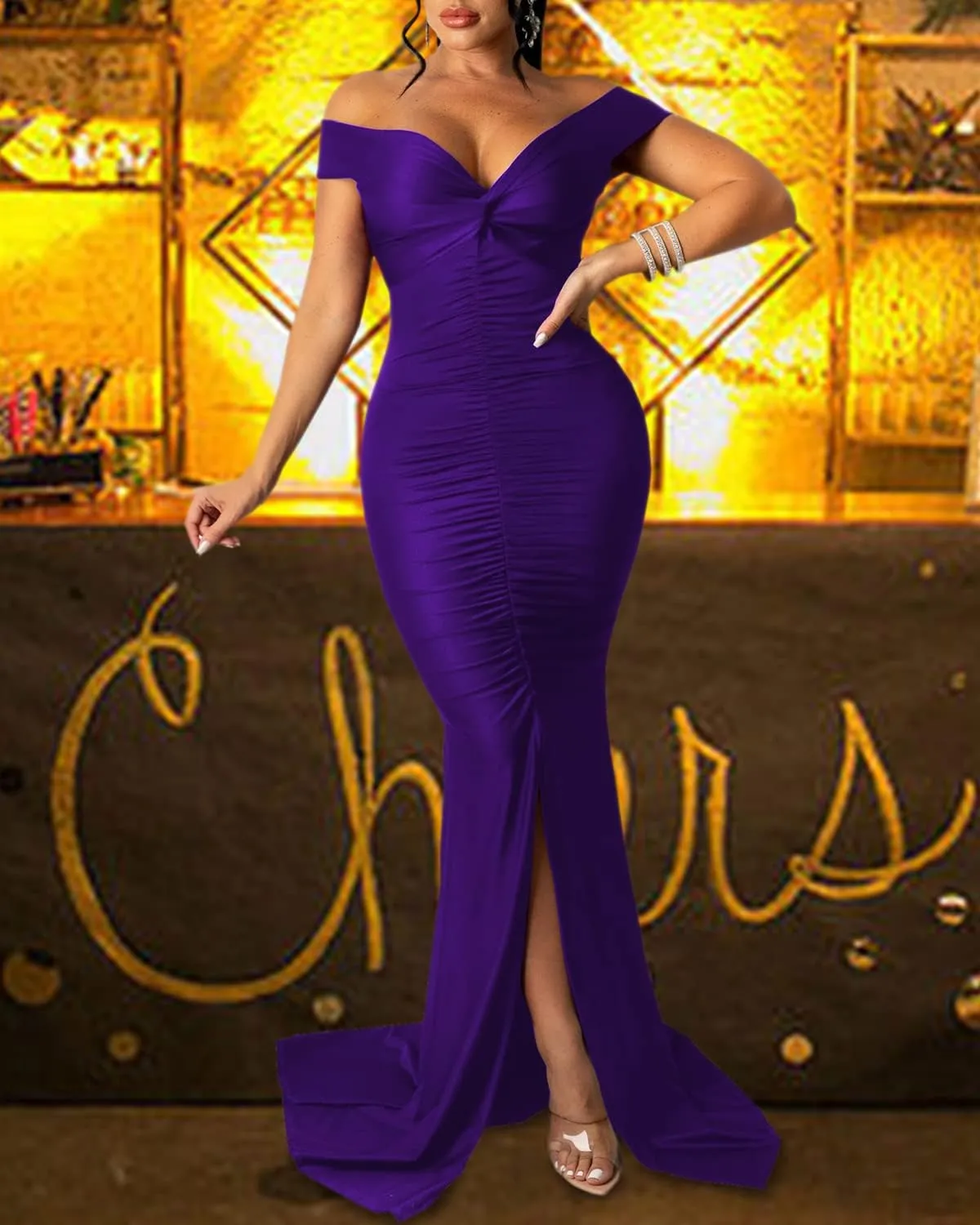 Sexy Formal Dress for Women Ruched Off Shoulder Club Cocktail Bodycon Evening Gown Maxi Long Dresses