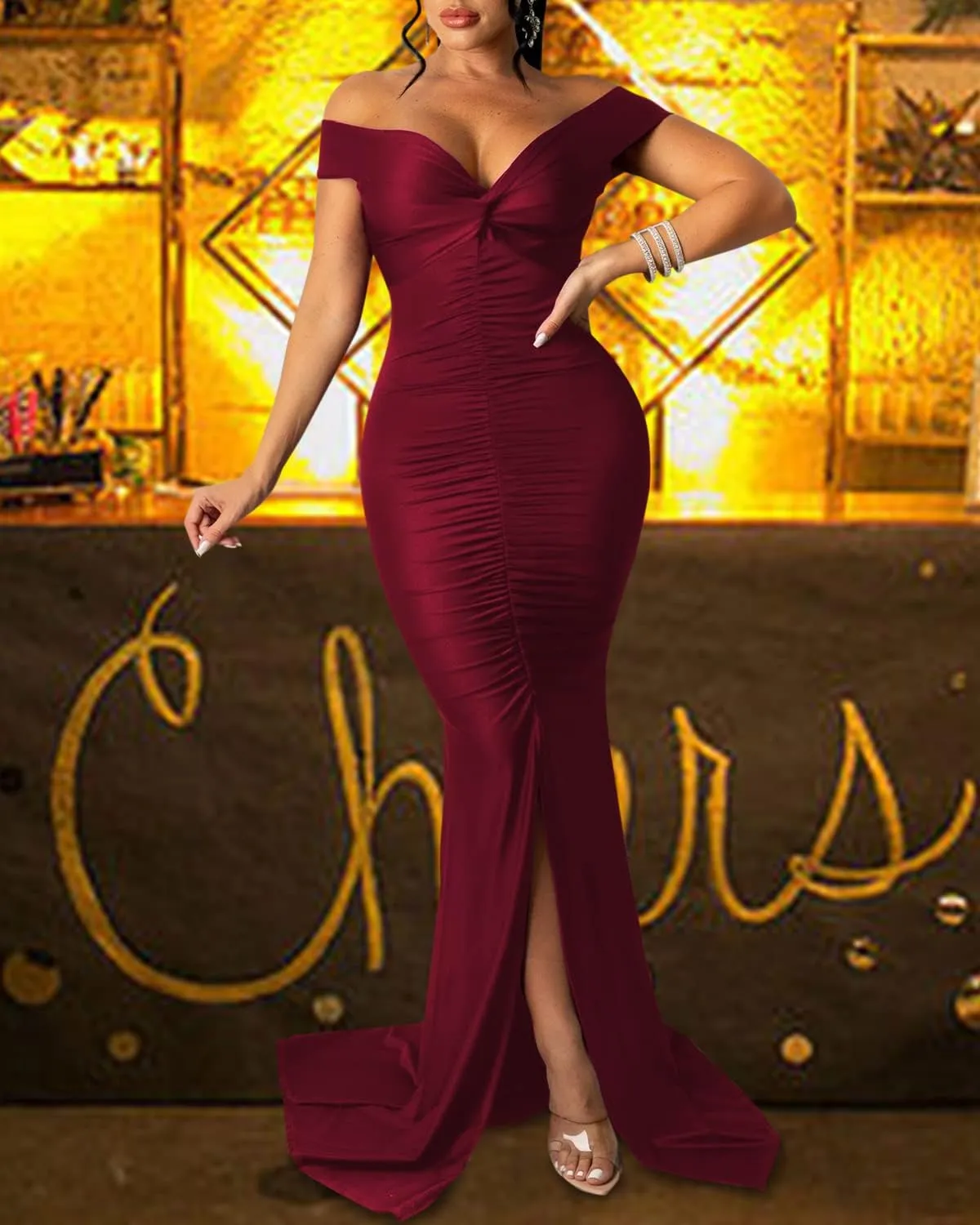 Sexy Formal Dress for Women Ruched Off Shoulder Club Cocktail Bodycon Evening Gown Maxi Long Dresses