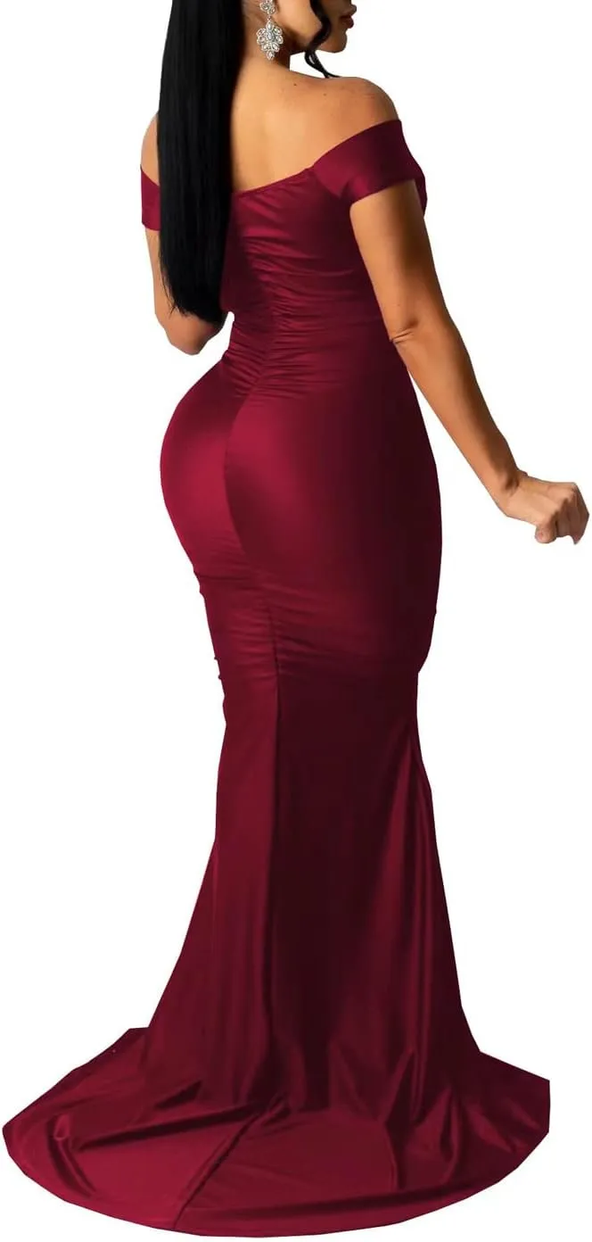 Sexy Formal Dress for Women Ruched Off Shoulder Club Cocktail Bodycon Evening Gown Maxi Long Dresses