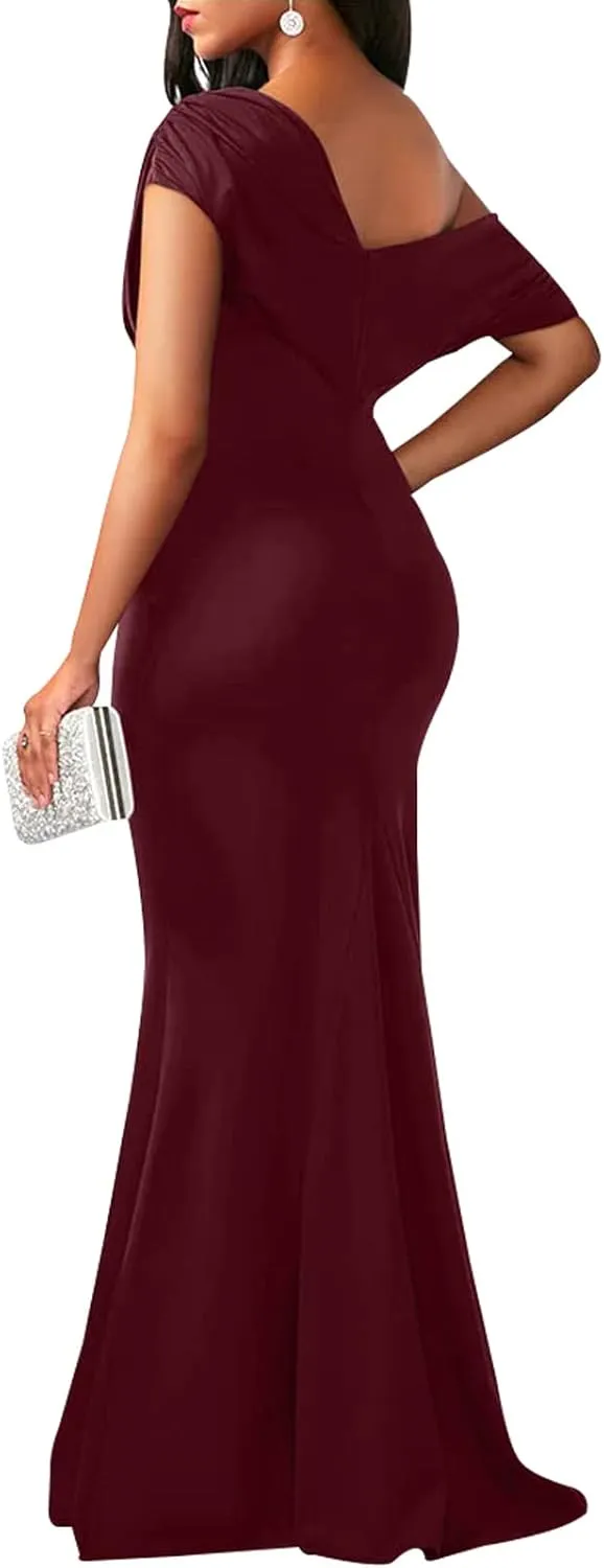 shengfan Formal Evening Dress for Women Elegant 2025 Sexy Off Shoulder Ruched Wedding Guest Bodycon Party Maxi Dresses
